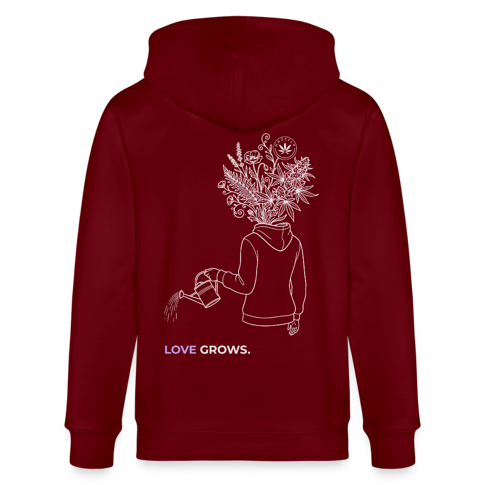 LOVE GROWS I Unisex Bio-Kapuzenjacke - Burgunderrot