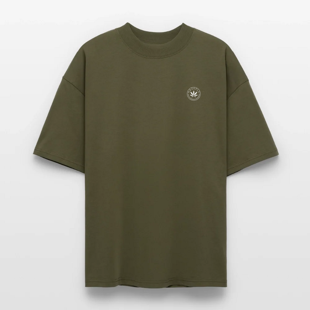 GROW COLLECTIVE Oversized T-Shirt Khaki, Vorderseite mit Hazefly-Logo