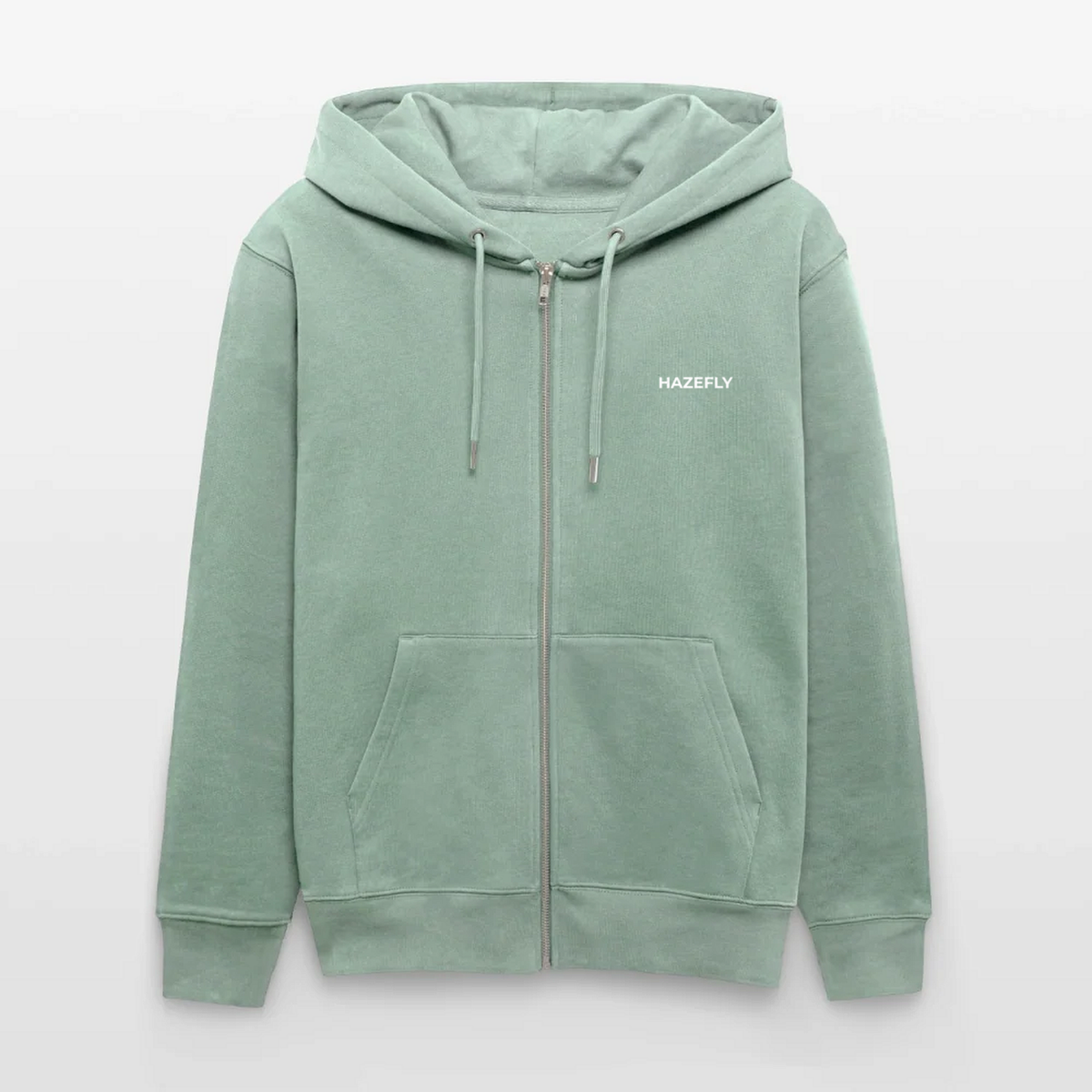 Zip-Hoodie Helles Graugrün, Vorderseite mit Hazefly Signature