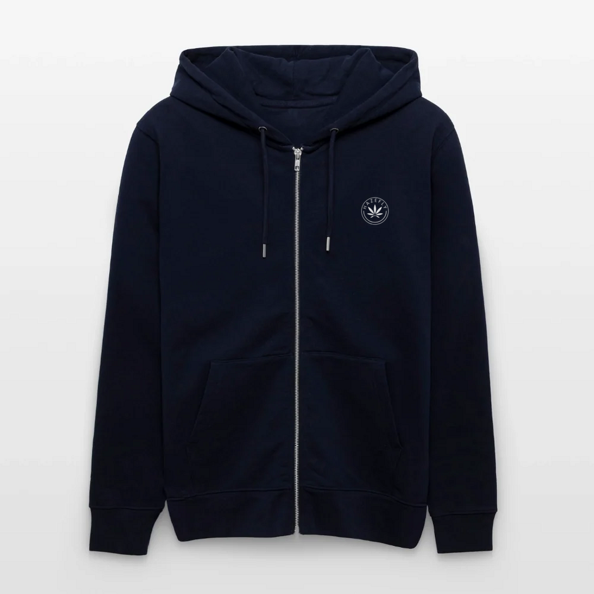 Zip-Hoodie Navy, Vorderseite mit Hazefly-Logo
