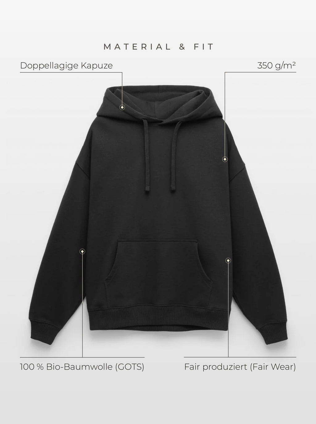 Material & Fit: Oversized Hoodie, 350 g/m², 100 % Bio-Baumwolle (GOTS), Fair Wear, doppellagige Kapuze