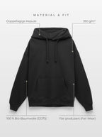 Material & Fit: Oversized Hoodie, 350 g/m², 100 % Bio-Baumwolle (GOTS), Fair Wear, doppellagige Kapuze