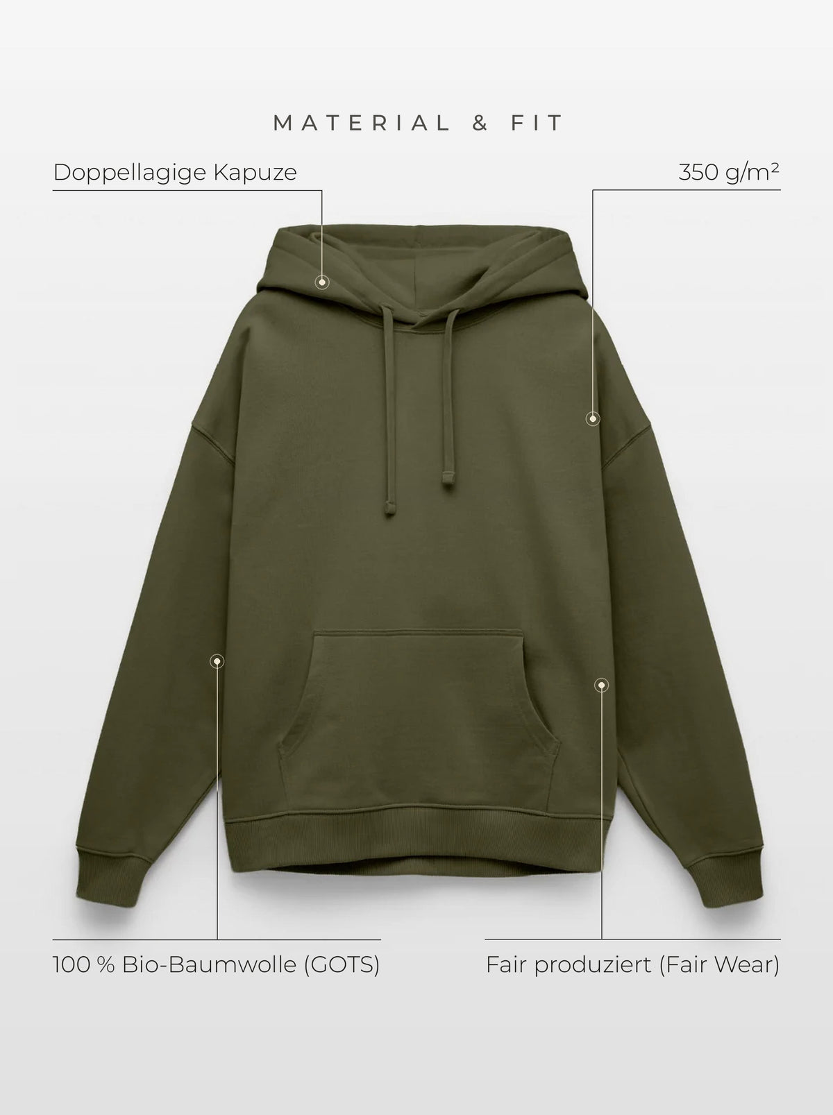 Material & Fit: Oversized Hoodie, 350 g/m², 100 % Bio-Baumwolle (GOTS), Fair Wear, doppellagige Kapuze