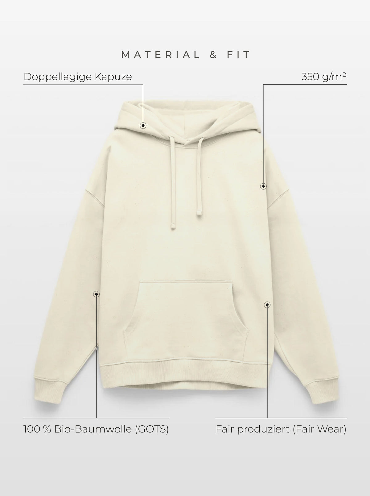 Material & Fit: Oversized Hoodie, 350 g/m², 100 % Bio-Baumwolle (GOTS), Fair Wear, doppellagige Kapuze