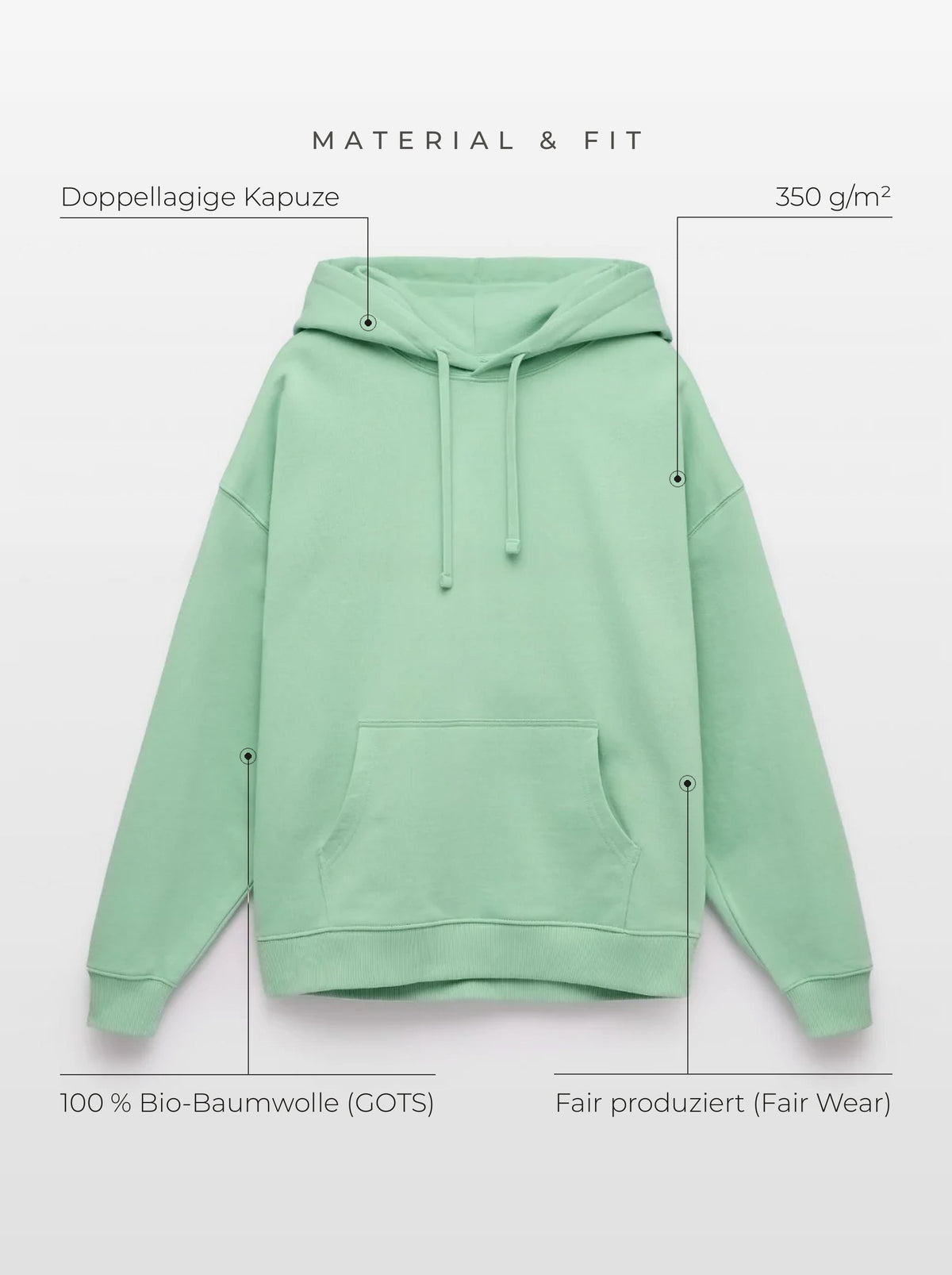 Material & Fit: Oversized Hoodie, 350 g/m², 100 % Bio-Baumwolle (GOTS), Fair Wear, doppellagige Kapuze