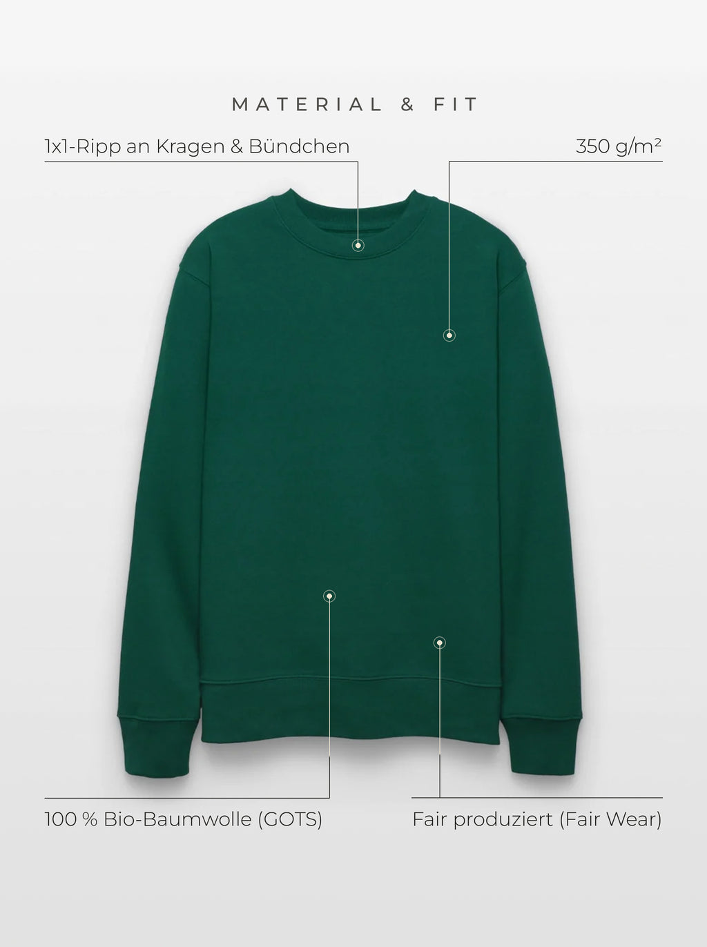 Material & Fit: Sweatshirt, 350 g/m², 100 % Bio-Baumwolle (GOTS), Fair Wear, 1x1-Ripp an Kragen & Bündchen