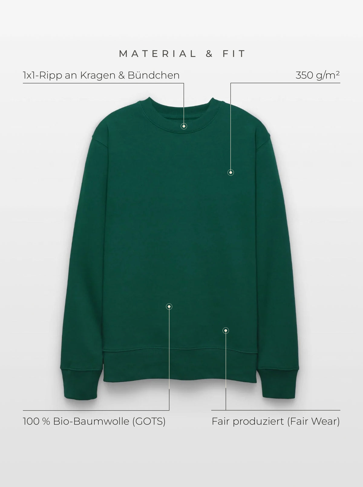 Material & Fit: Sweatshirt, 350 g/m², 100 % Bio-Baumwolle (GOTS), Fair Wear, 1x1-Ripp an Kragen & Bündchen