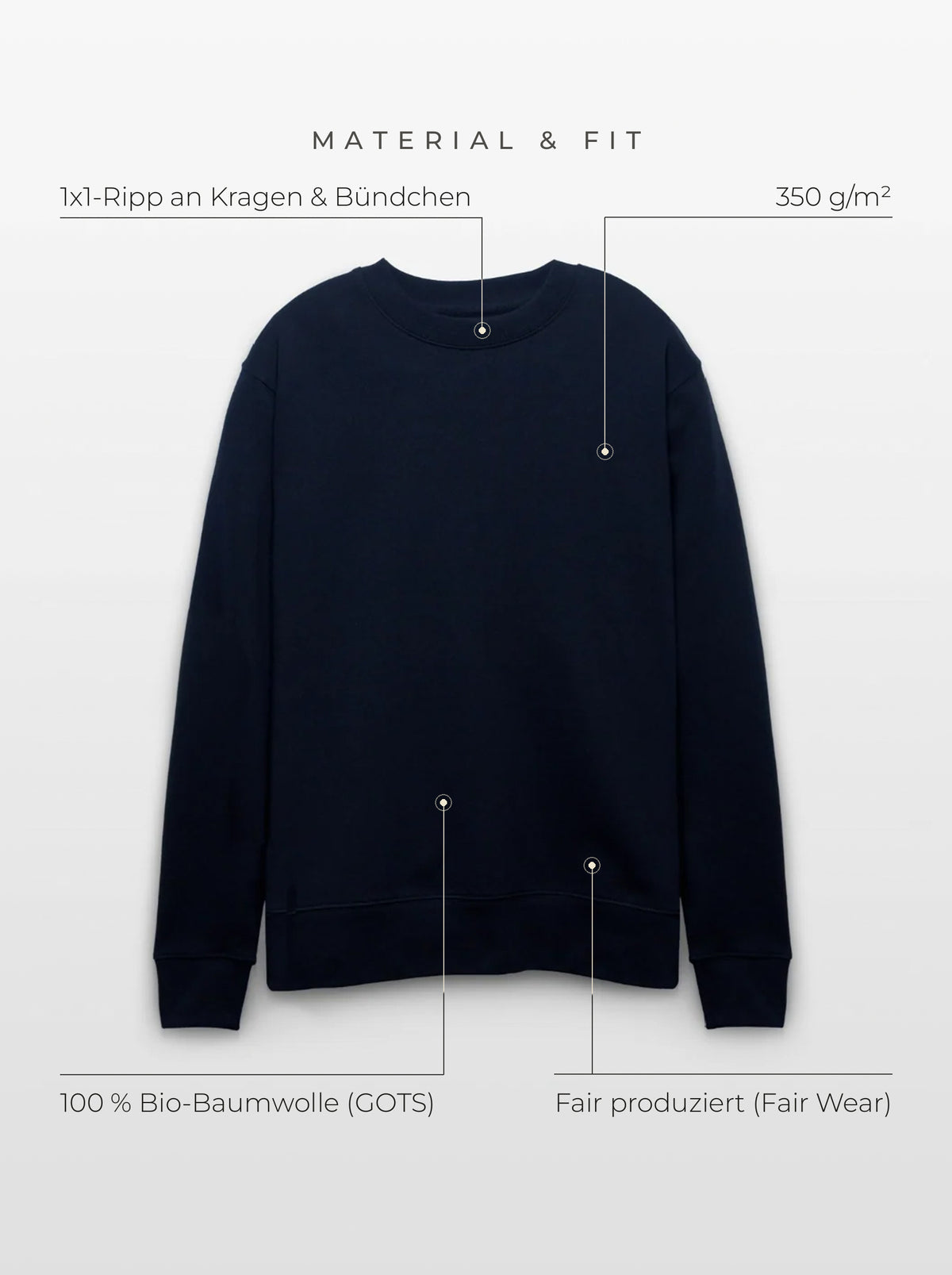 Material & Fit: Sweatshirt, 350 g/m², 100 % Bio-Baumwolle (GOTS), Fair Wear, 1x1-Ripp an Kragen & Bündchen