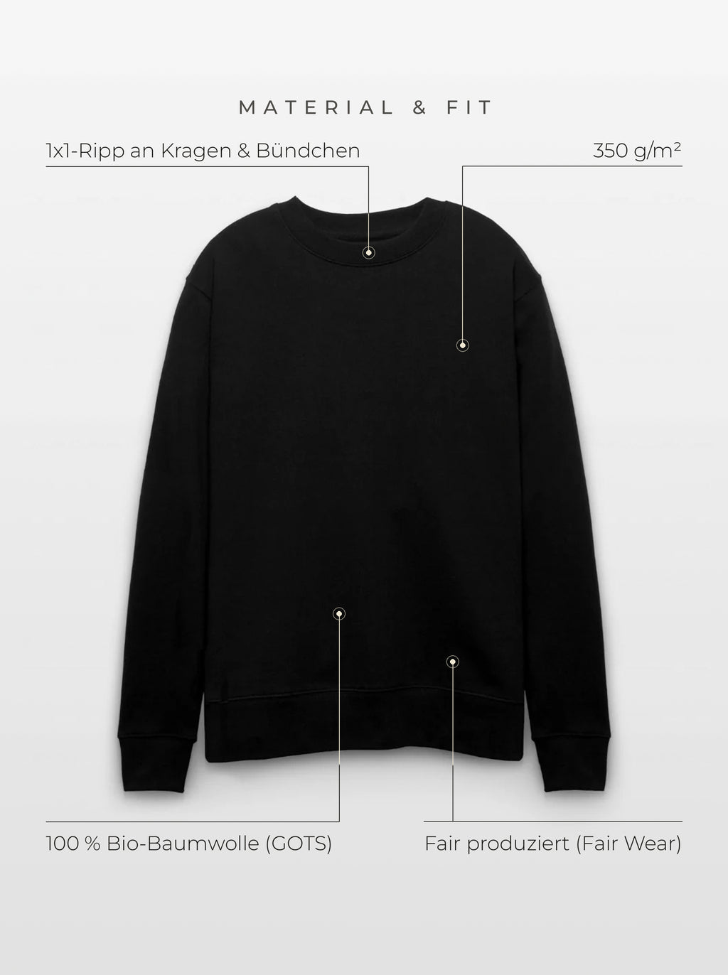 Material & Fit: Sweatshirt, 350 g/m², 100 % Bio-Baumwolle (GOTS), Fair Wear, 1x1-Ripp an Kragen & Bündchen