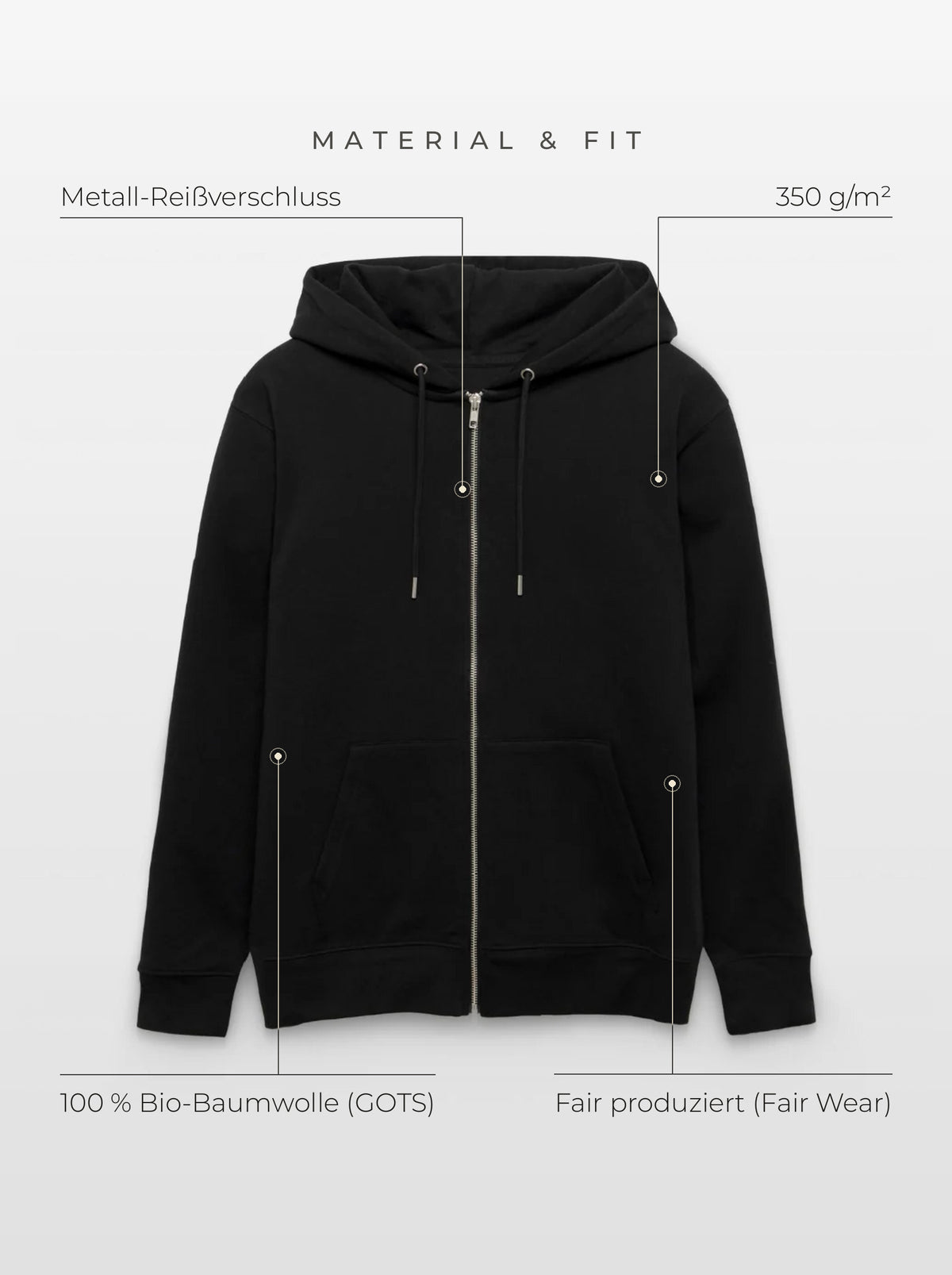 Material & Fit: Zip-Hoodie, 350 g/m², 100 % Bio-Baumwolle (GOTS), Fair Wear, Metall-Reißverschluss