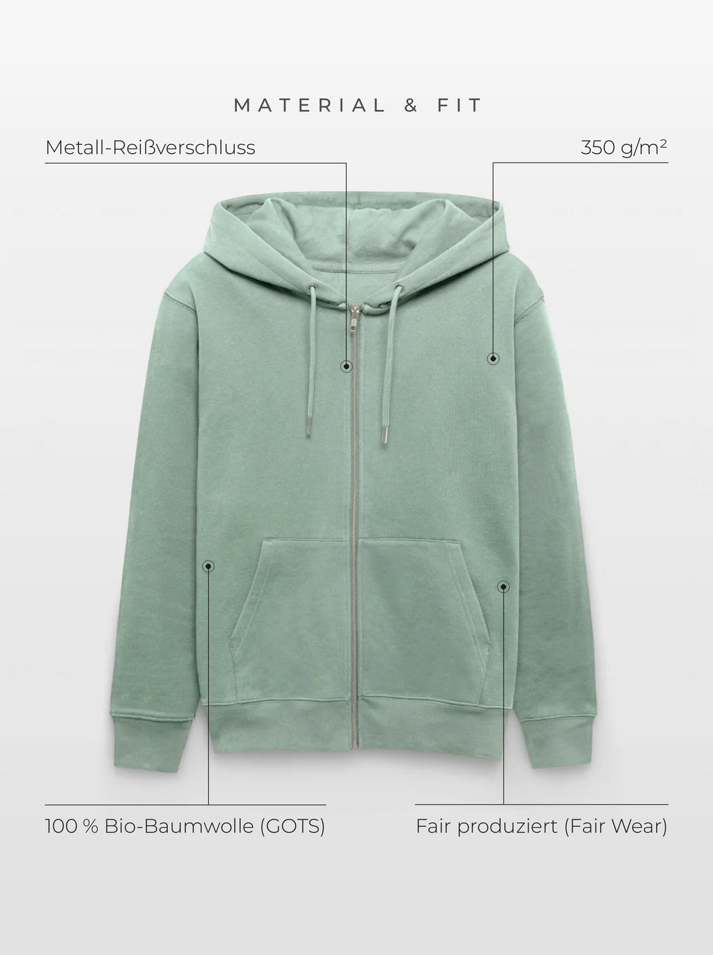 Material & Fit: Zip-Hoodie, 350 g/m², 100 % Bio-Baumwolle (GOTS), Fair Wear, Metall-Reißverschluss