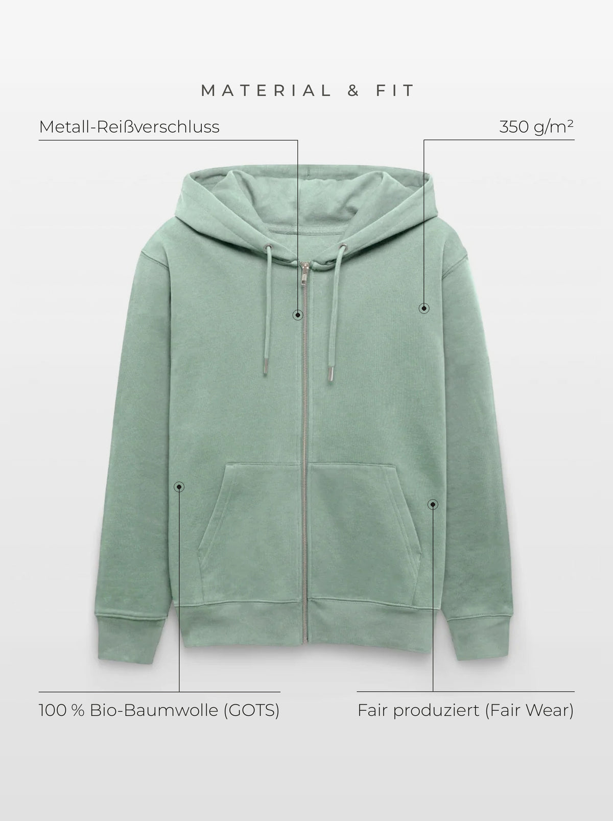 Material & Fit: Zip-Hoodie, 350 g/m², 100 % Bio-Baumwolle (GOTS), Fair Wear, Metall-Reißverschluss