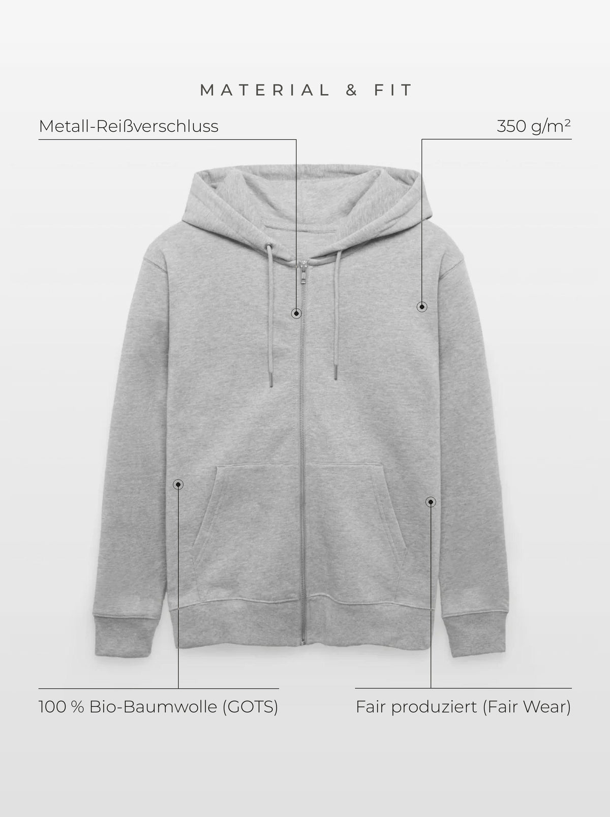 Material & Fit: Zip-Hoodie, 350 g/m², 100 % Bio-Baumwolle (GOTS), Fair Wear, Metall-Reißverschluss