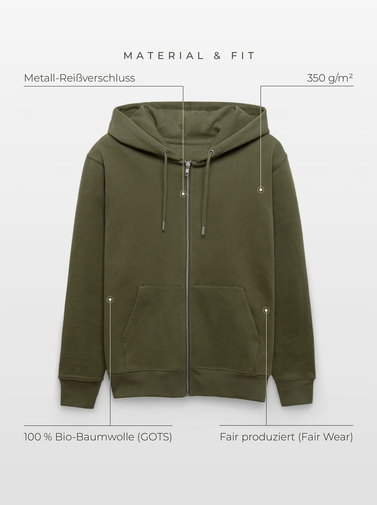 Material & Fit: Zip-Hoodie, 350 g/m², 100 % Bio-Baumwolle (GOTS), Fair Wear, Metall-Reißverschluss