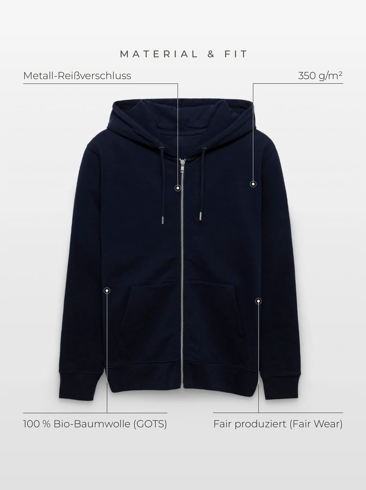 Material & Fit: Zip-Hoodie, 350 g/m², 100 % Bio-Baumwolle (GOTS), Fair Wear, Metall-Reißverschluss