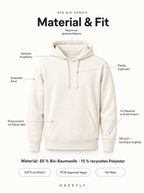 Material & Fit – Bio Hoodie: Kapuze aus gleichem Material, Kängurutasche, 1x1-Rippstrick, 280 g/m², 85% Bio-Baumwolle + 15% recyceltes Polyester