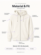 Material & Fit – Bio-Kapuzenjacke: doppelt gefütterte Kapuze, durchgehender Metallreißverschluss, Kängurutaschen, 1x1-Rippstrick, 350 g/m², 100% Bio-Baumwolle