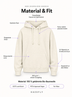 Material & Fit – Oversized Bio Hoodie: doppellagige Kapuze, gestickte Ösen, Kängurutasche, 2x1-Rippstrick, 350 g/m², 100% gekämmte Bio-Baumwolle