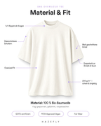 Material & Fit – Oversized Bio T-Shirt: 1x1-Rippstrick-Kragen, überschnittene Schultern, oversized Fit, weit geschnittene Ärmel, Doppelnaht, 200 g/m², 100% Bio-Baumwolle