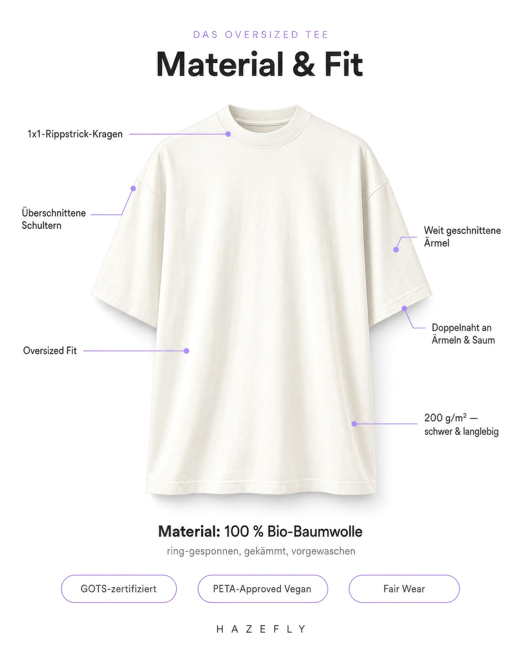 Material & Fit – Oversized Bio T-Shirt: 1x1-Rippstrick-Kragen, überschnittene Schultern, oversized Fit, weit geschnittene Ärmel, Doppelnaht, 200 g/m², 100% Bio-Baumwolle