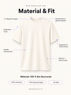 Material & Fit – Regular Bio T-Shirt: 1x1-Rippstrick-Kragen, eingesetzte Ärmel, gerader Unisex-Schnitt, Doppelnaht, 180 g/m², 100% Bio-Baumwolle